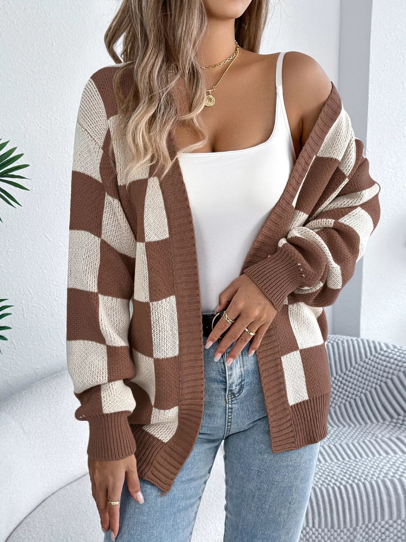 Checkered Pattern Open Front Cardigan - Godess beauty