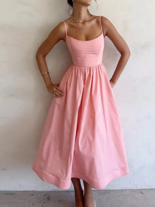 Adjustable Strap Scoop Neck Midi Dress - Godess beauty  #