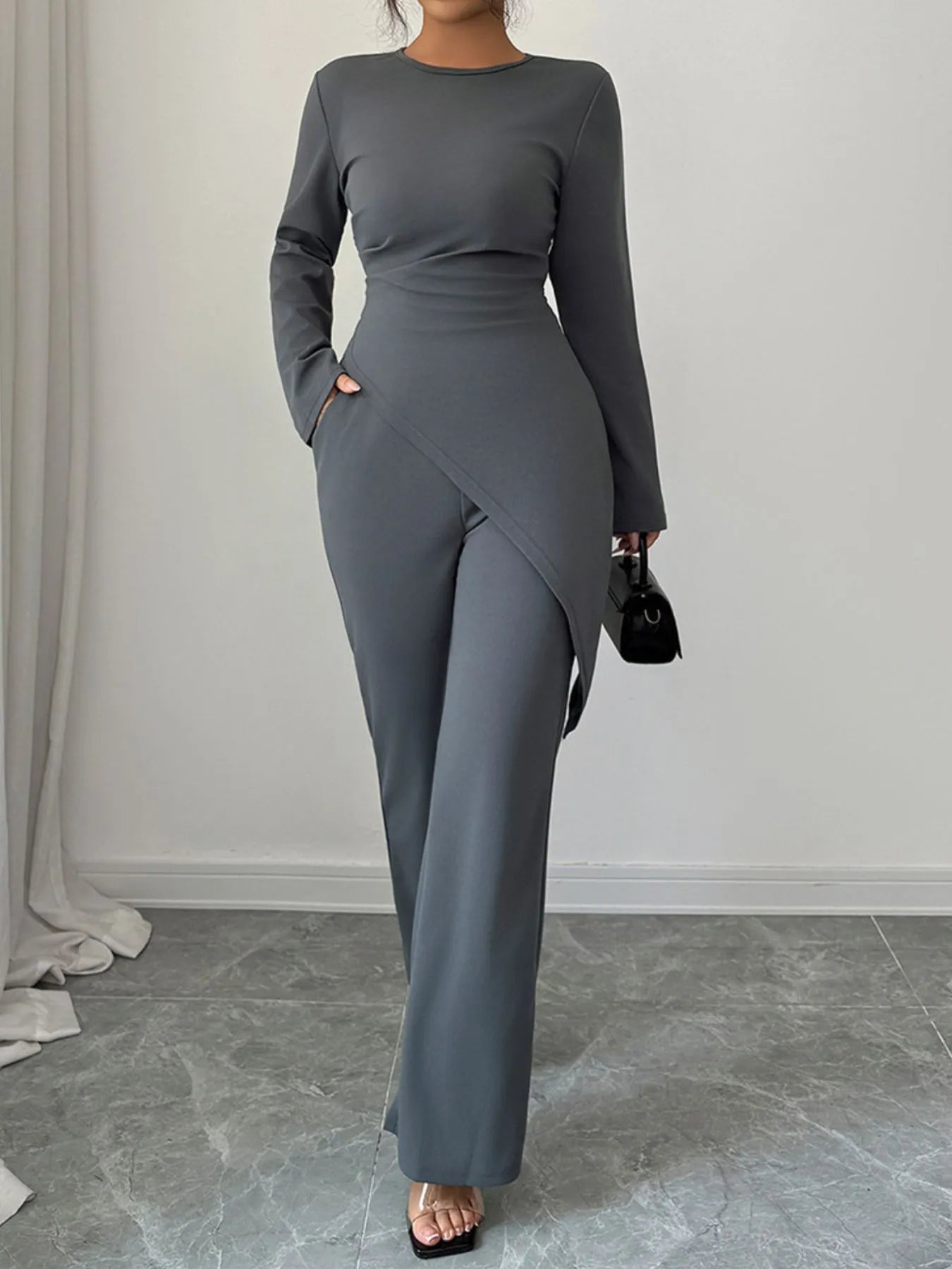 Asymmetric Long Sleeve Top and Pants Set - Godess beauty 