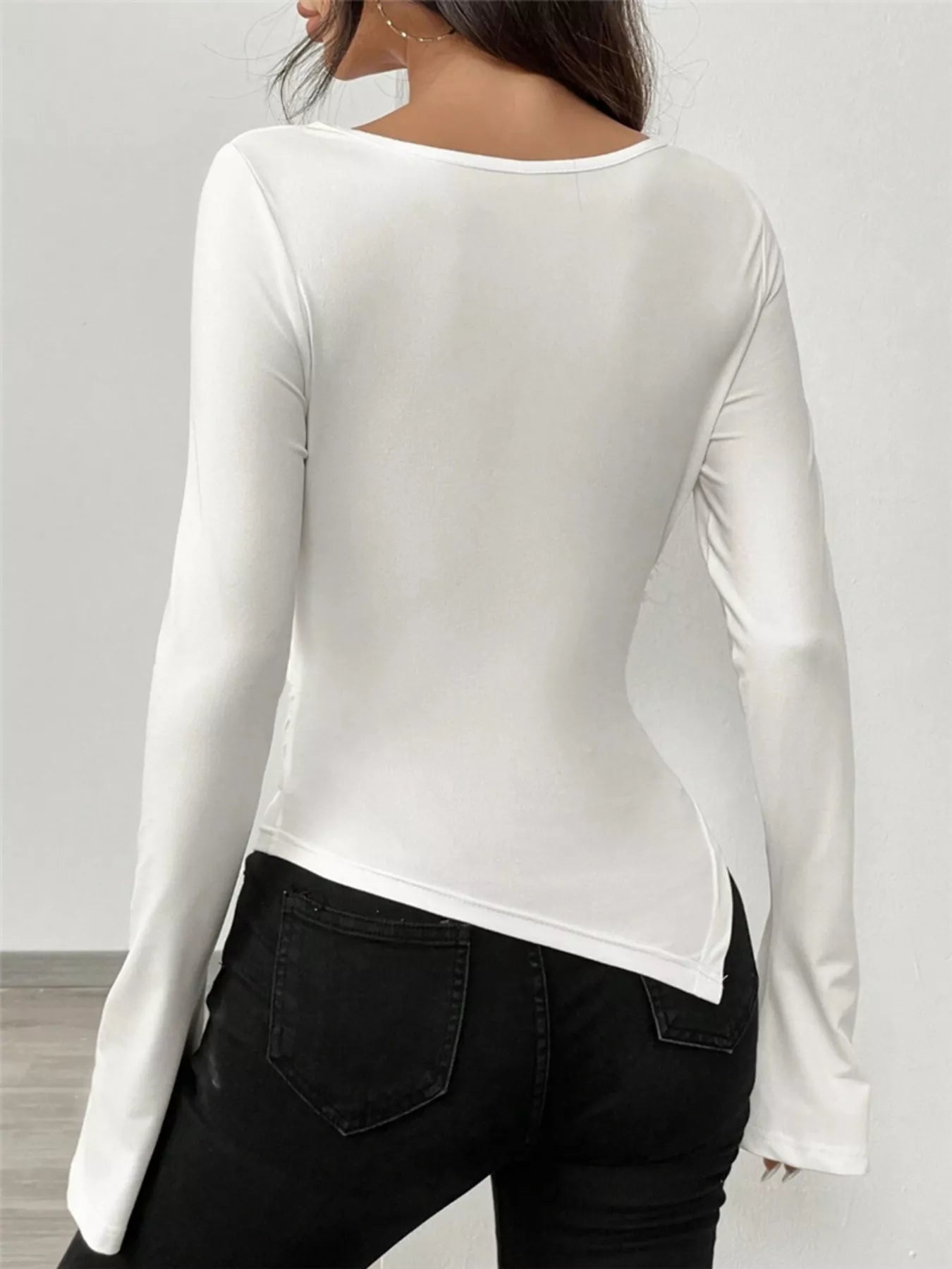 Asymmetrical Long Sleeve Fitted T-Shirt - Godess beauty 