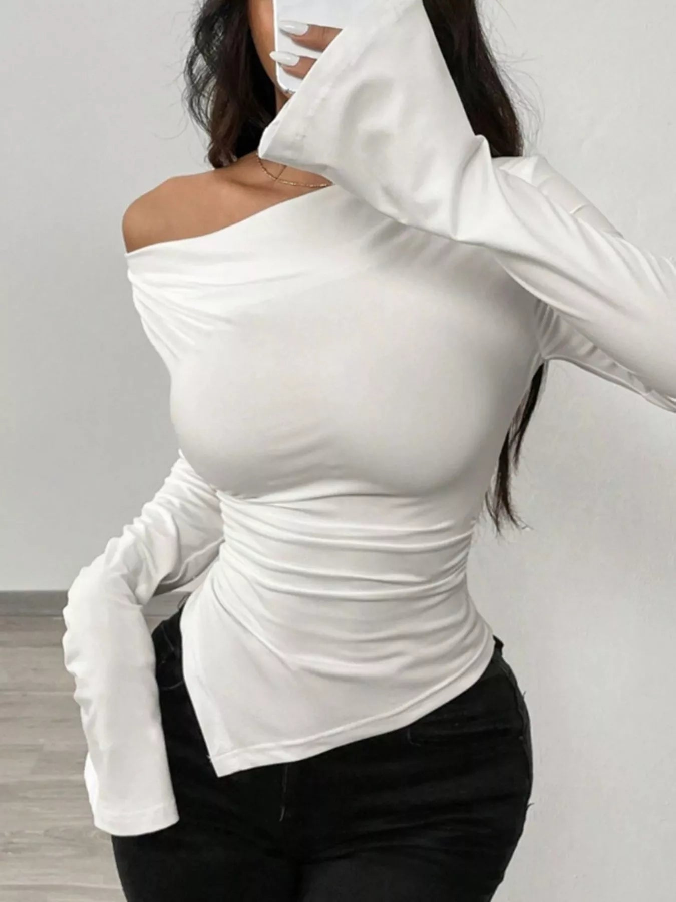 Asymmetrical Long Sleeve Fitted T-Shirt - Godess beauty 