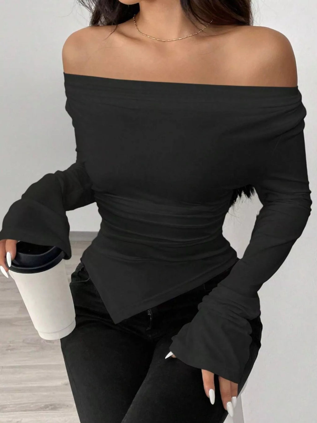 Asymmetrical Long Sleeve Fitted T-Shirt - Godess beauty 