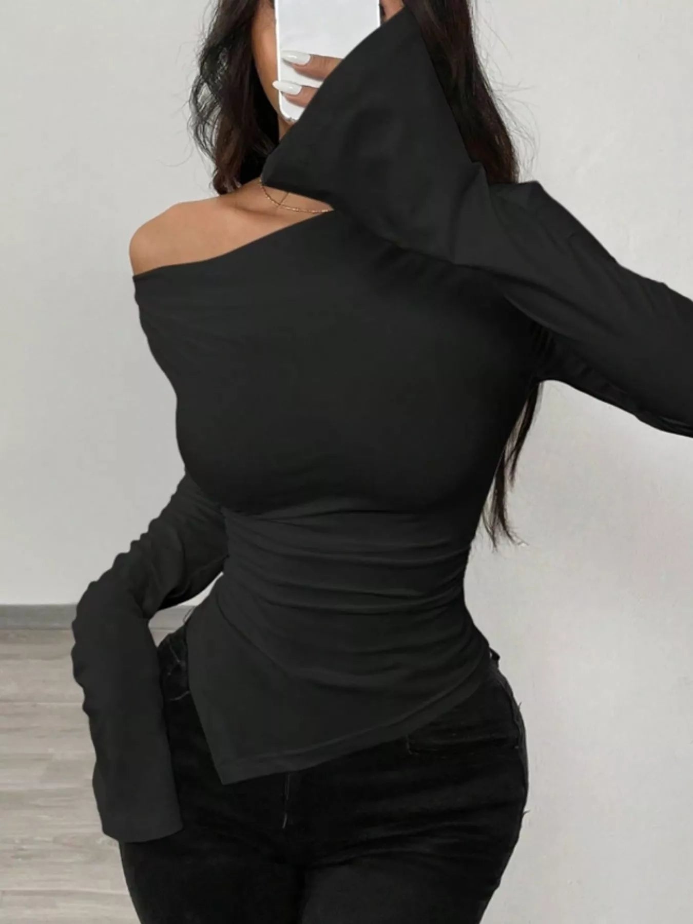 Asymmetrical Long Sleeve Fitted T-Shirt - Godess beauty 