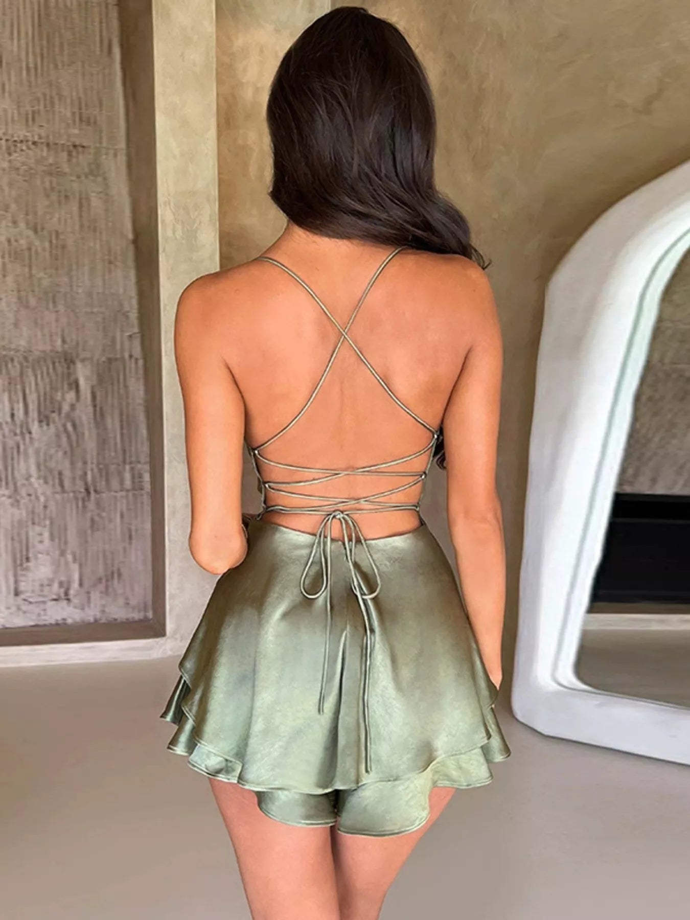 Backless layered ruffled cami dress - Godess beauty 