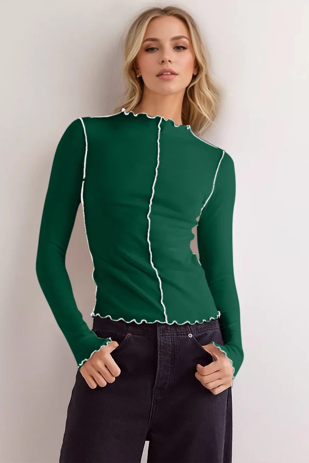 Basic Bae Contrast Trim Mock Neck Long Sleeve T-Shirt - Godess beauty 