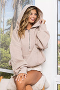 BiBi Stitch Detailed Elastic Hem Half Zip Fleece Hoodie - Godess beauty 