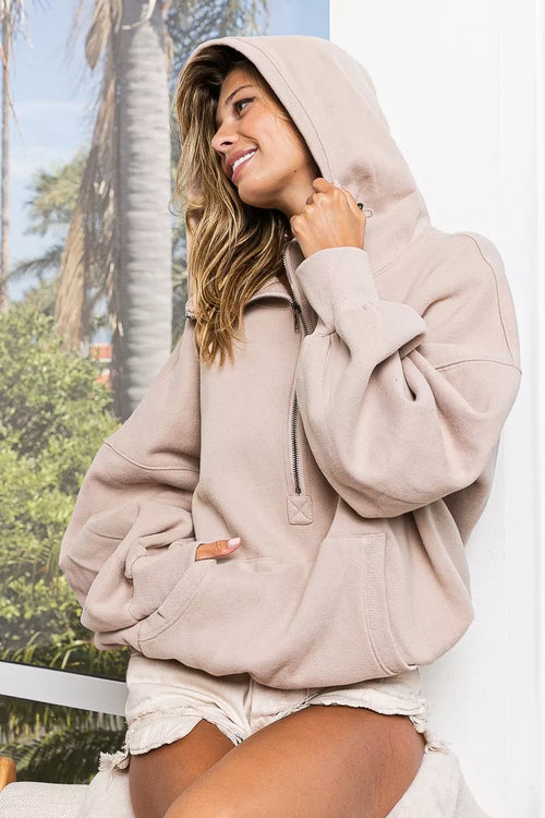 BiBi Stitch Detailed Elastic Hem Half Zip Fleece Hoodie - Godess beauty 