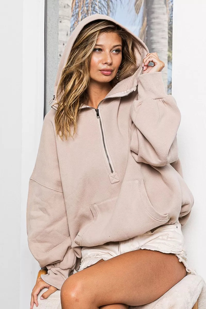 BiBi Stitch Detailed Elastic Hem Half Zip Fleece Hoodie - Godess beauty 
