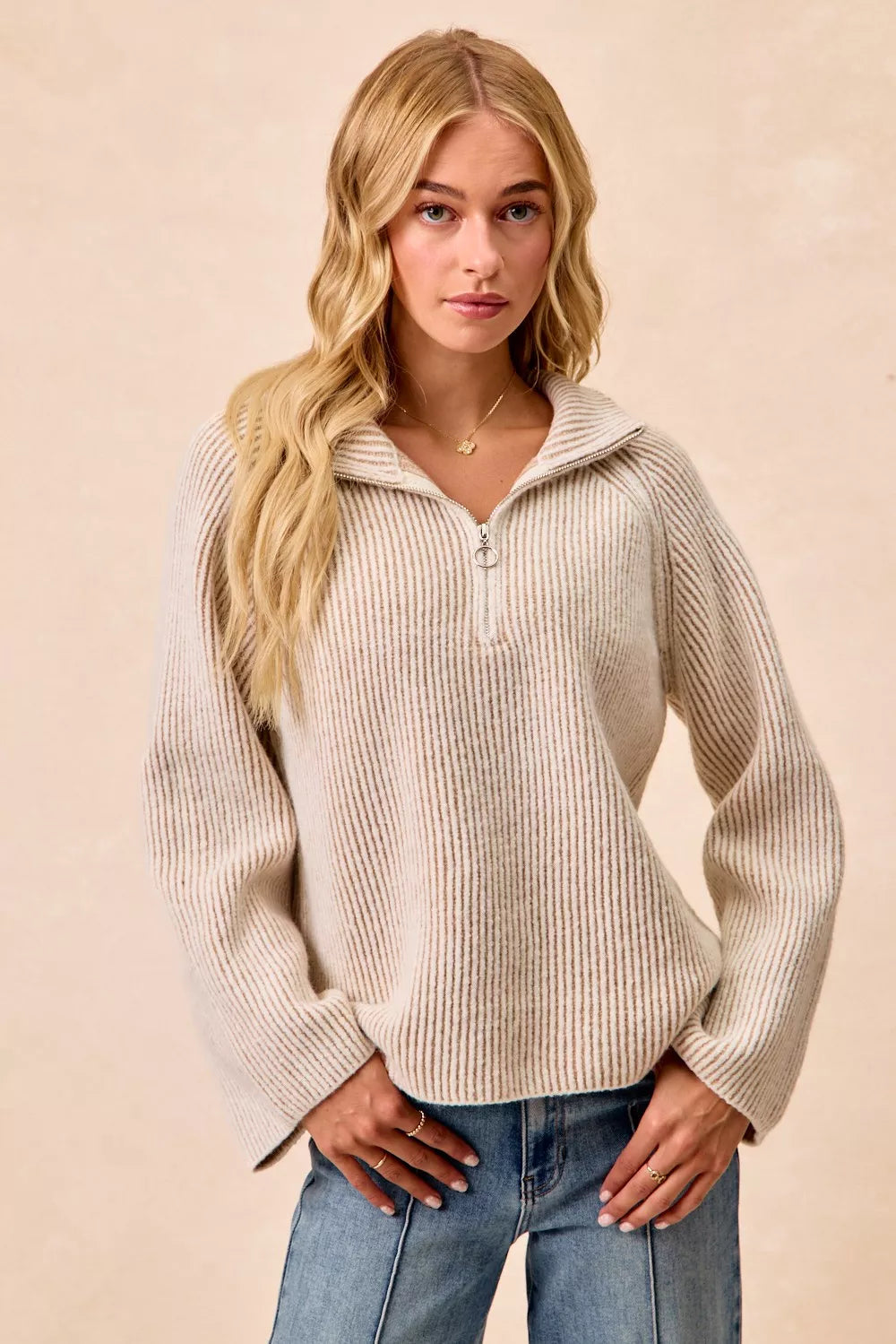 BiBi Two Tone Rib Texured Knit Collared Top with Zip Up - Godess beauty 