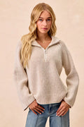 BiBi Two Tone Rib Texured Knit Collared Top with Zip Up - Godess beauty 