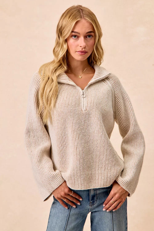 BiBi Two Tone Rib Texured Knit Collared Top with Zip Up - Godess beauty 