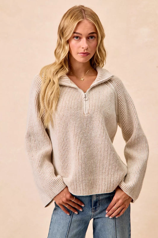 BiBi Two Tone Rib Texured Knit Collared Top with Zip Up - Godess beauty 