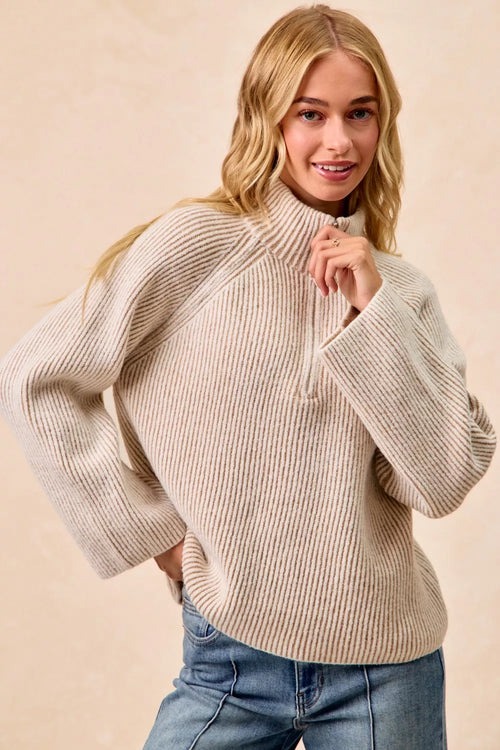 BiBi Two Tone Rib Texured Knit Collared Top with Zip Up - Godess beauty 