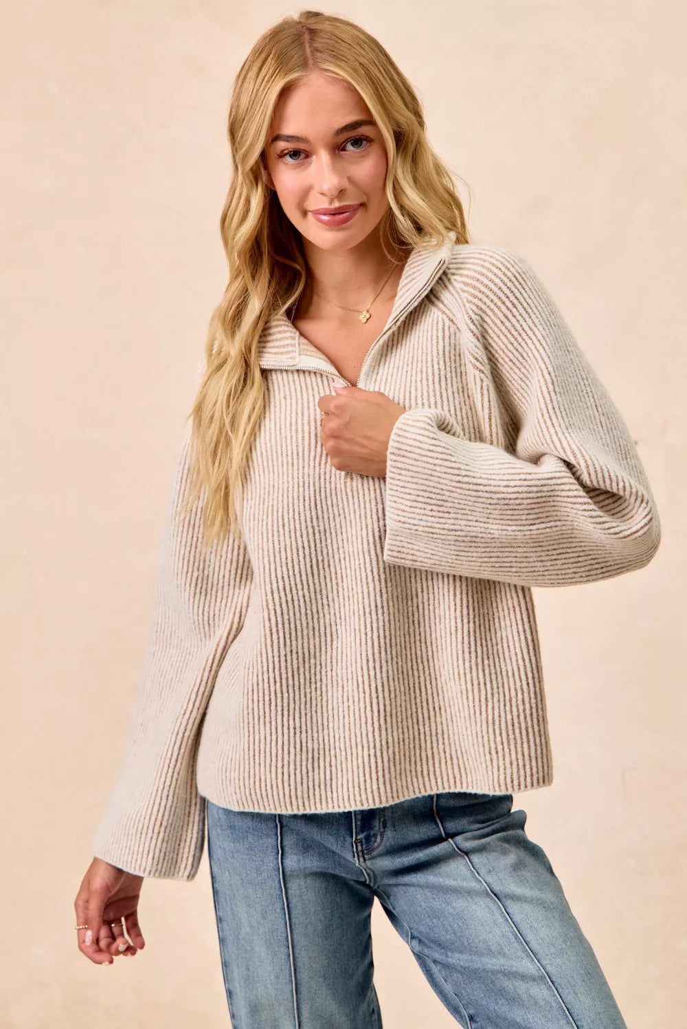 BiBi Two Tone Rib Texured Knit Collared Top with Zip Up - Godess beauty 