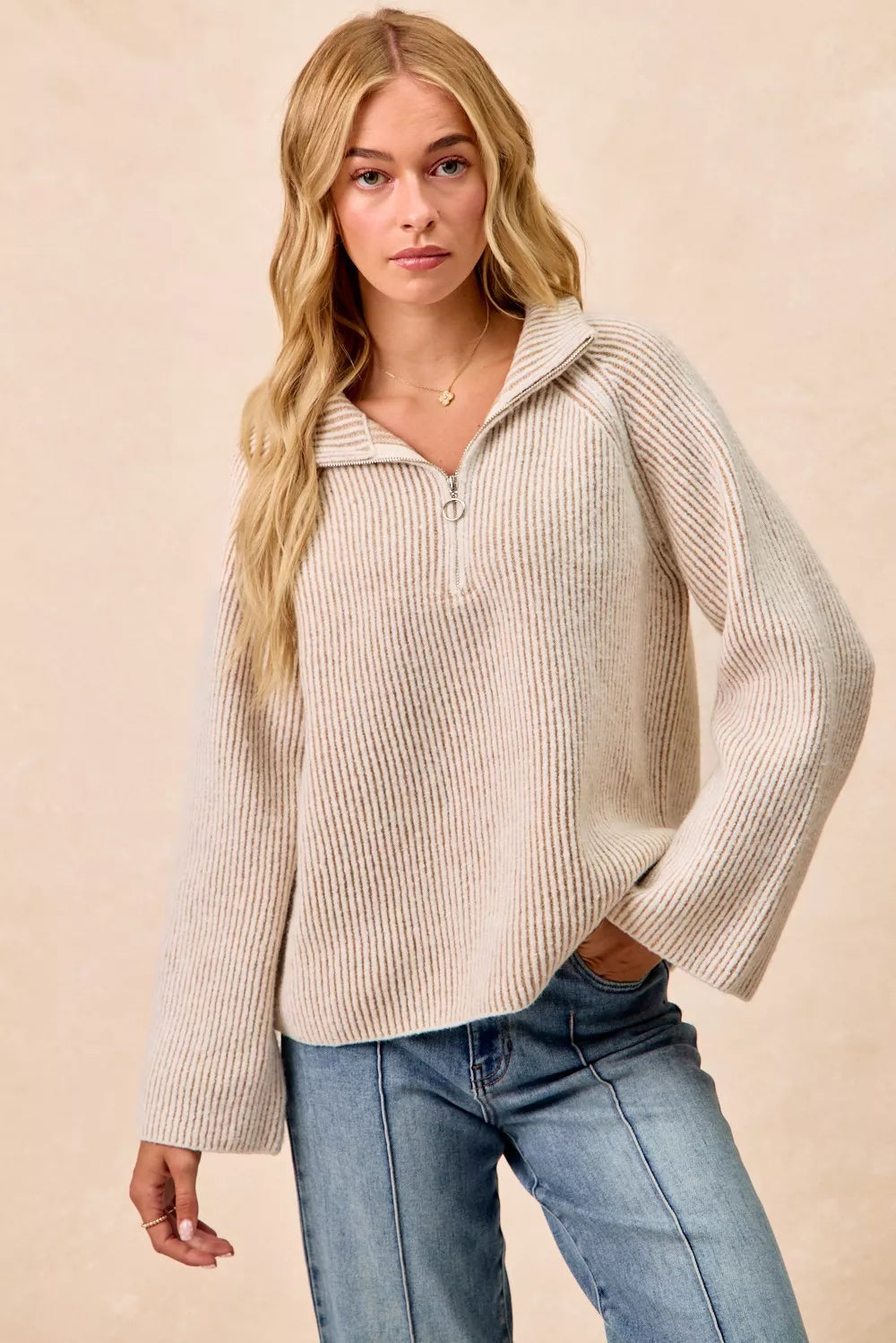 BiBi Two Tone Rib Texured Knit Collared Top with Zip Up - Godess beauty 