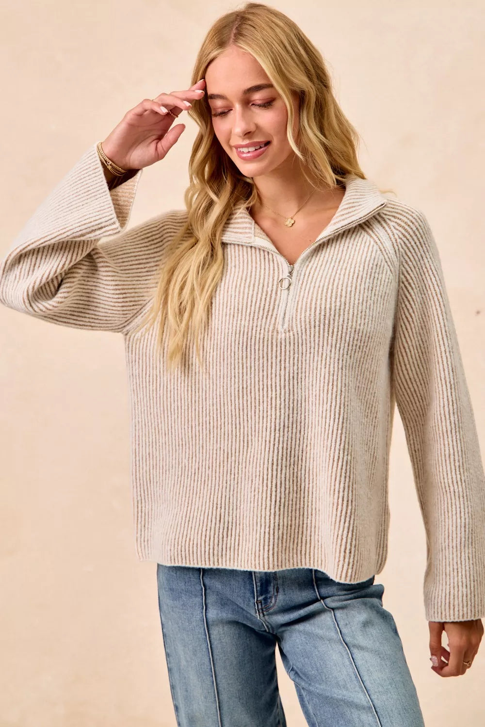 BiBi Two Tone Rib Texured Knit Collared Top with Zip Up - Godess beauty 