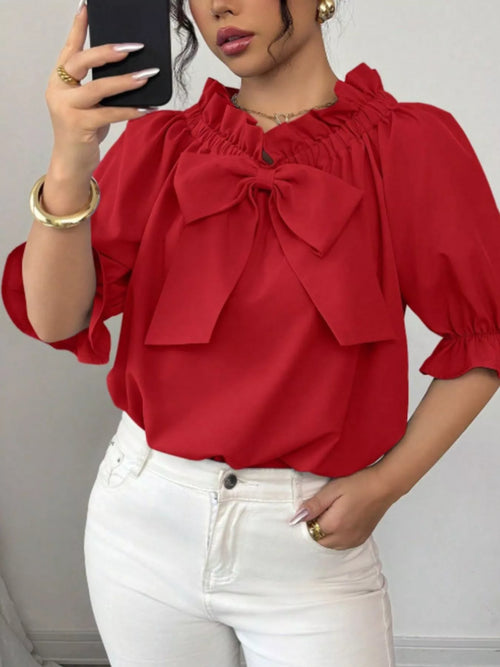 Bow Flounce Sleeve Blouse - Godess beauty 