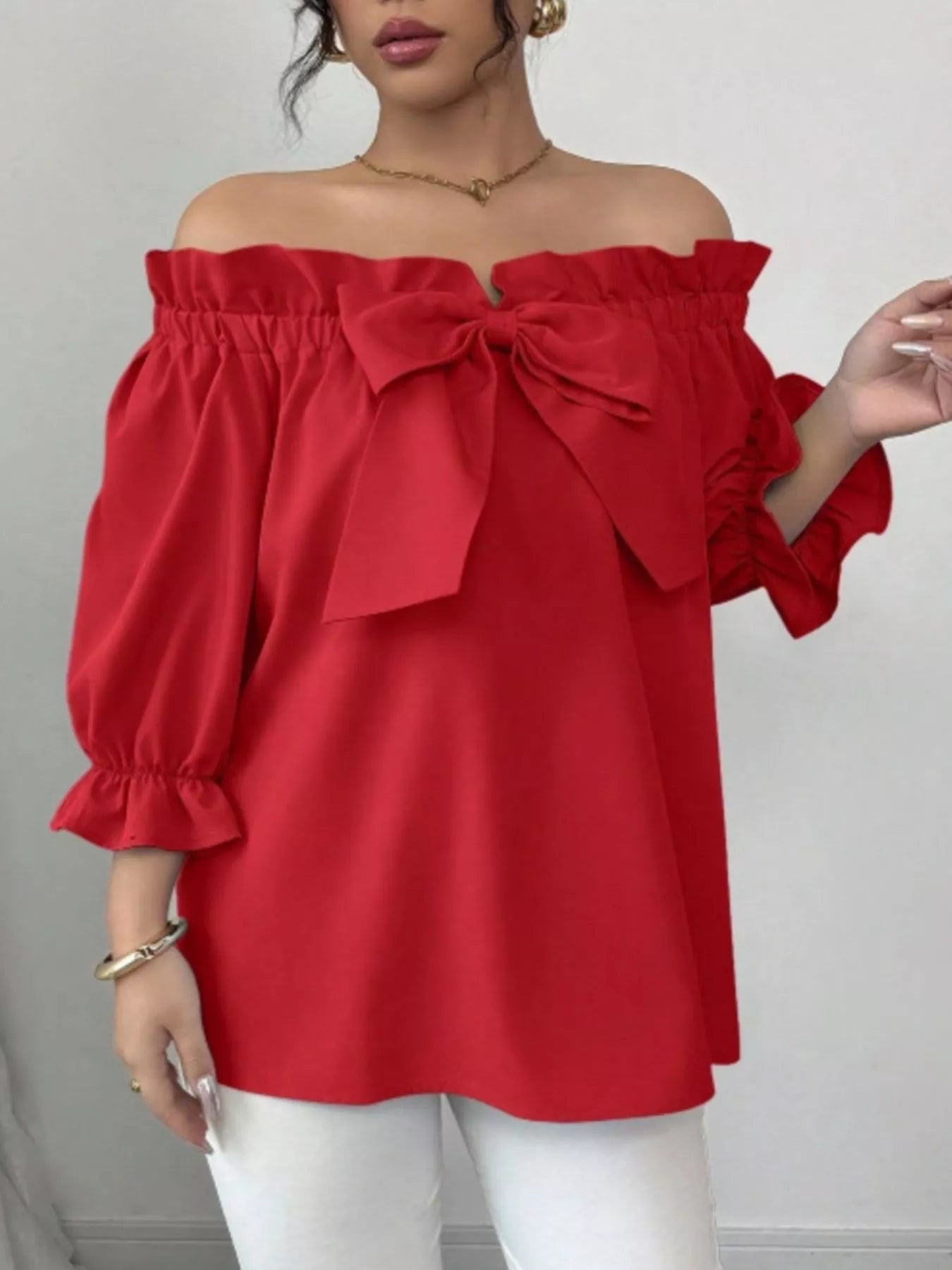Bow Flounce Sleeve Blouse - Godess beauty 
