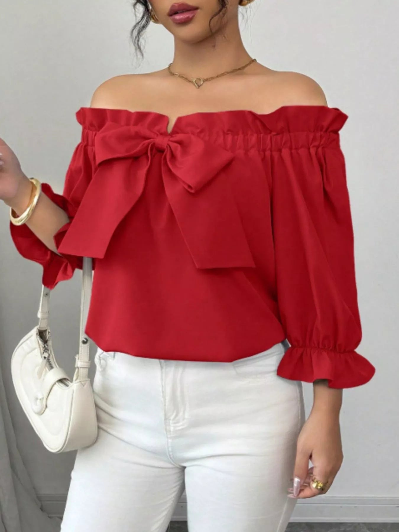 Bow Flounce Sleeve Blouse - Godess beauty 