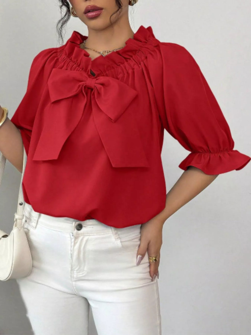 Bow Flounce Sleeve Blouse - Godess beauty 