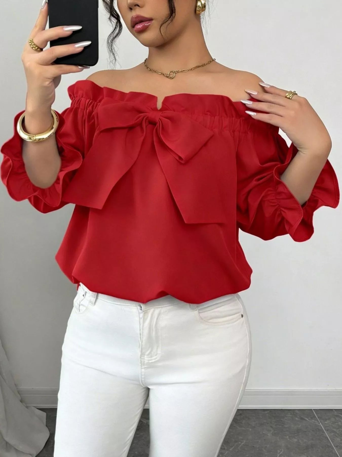 Bow Flounce Sleeve Blouse - Godess beauty 