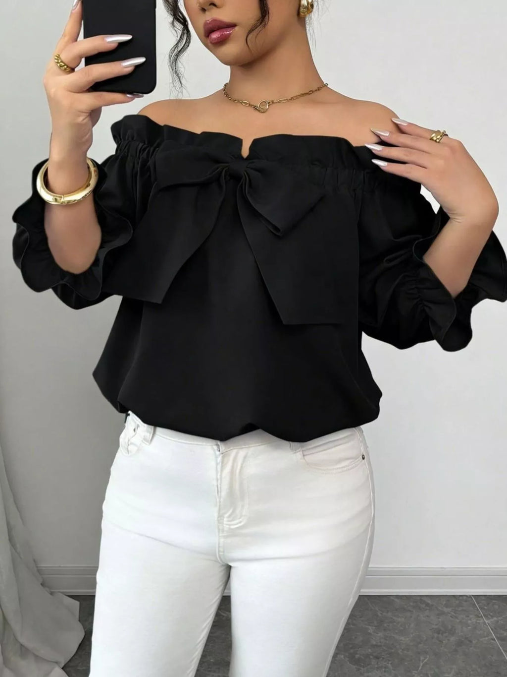 Bow Flounce Sleeve Blouse - Godess beauty 
