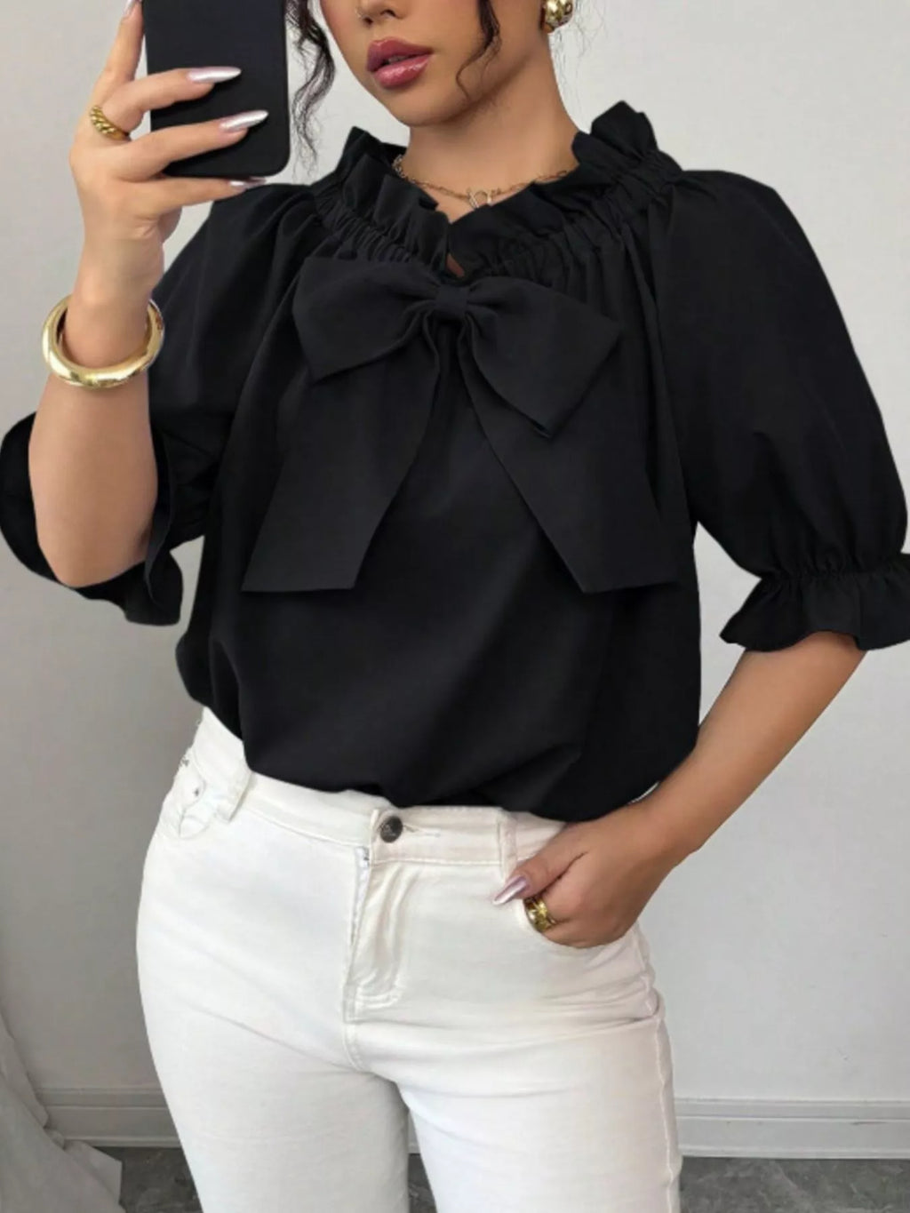 Bow Flounce Sleeve Blouse - Godess beauty 