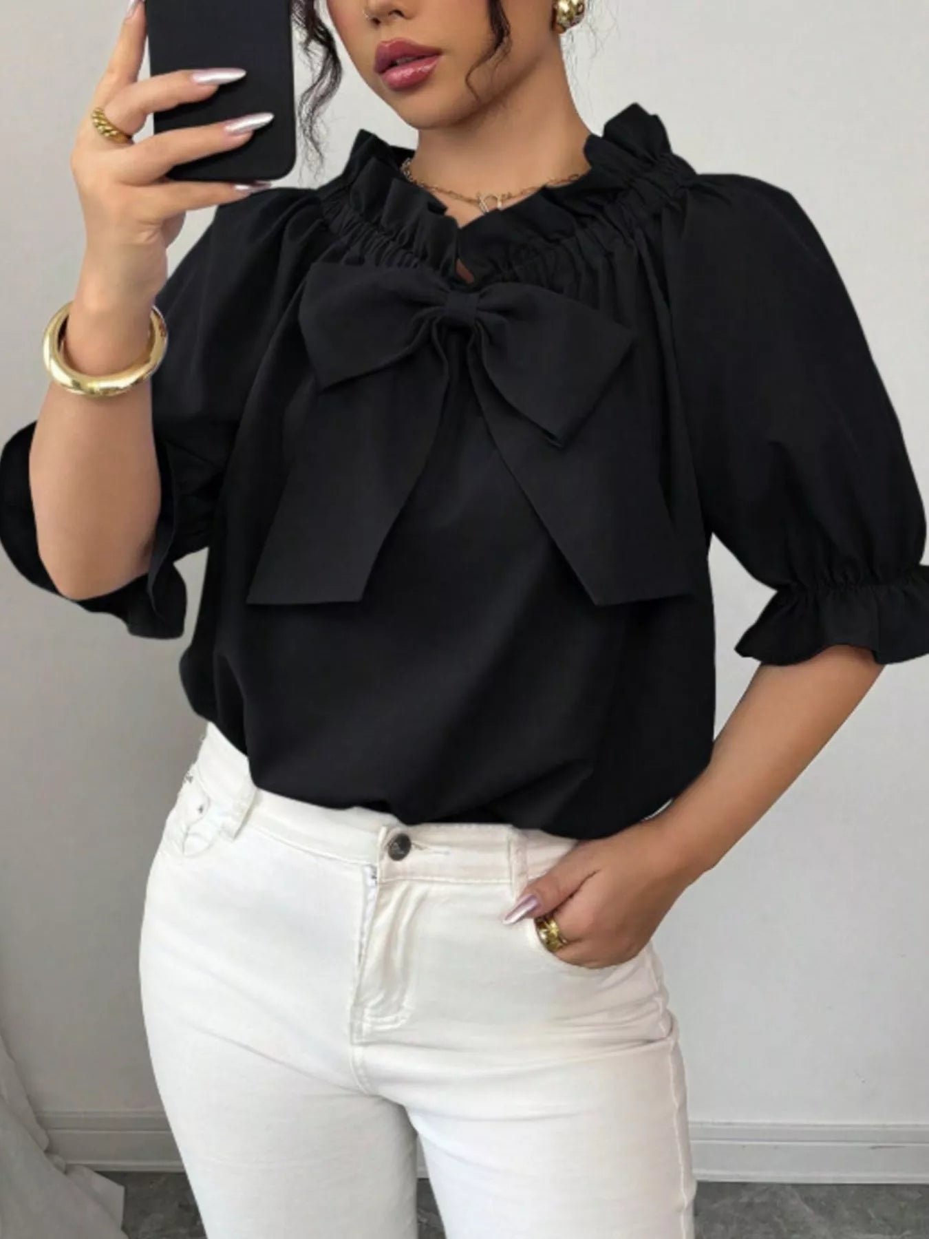 Bow Flounce Sleeve Blouse - Godess beauty 