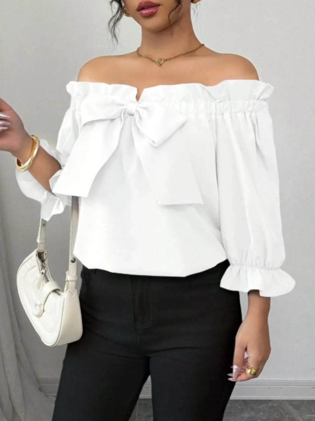 Bow Flounce Sleeve Blouse - Godess beauty 