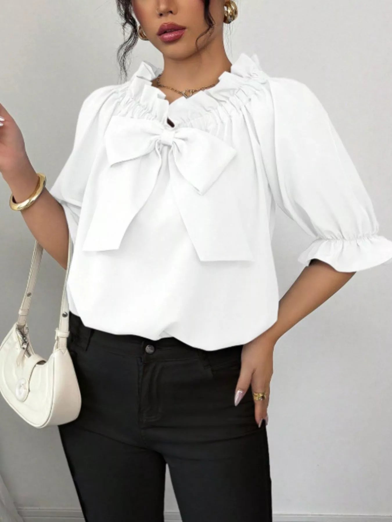 Bow Flounce Sleeve Blouse - Godess beauty 