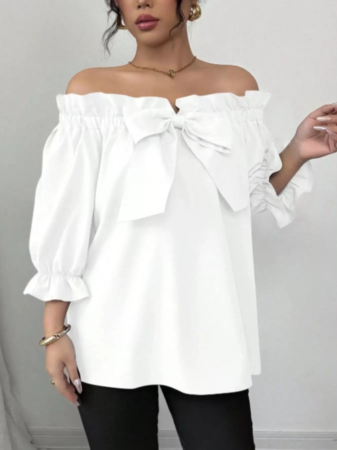 Bow Flounce Sleeve Blouse - Godess beauty 