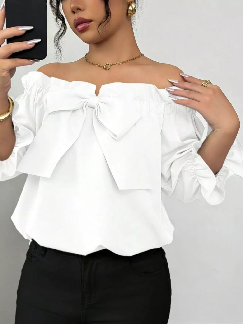 Bow Flounce Sleeve Blouse - Godess beauty 