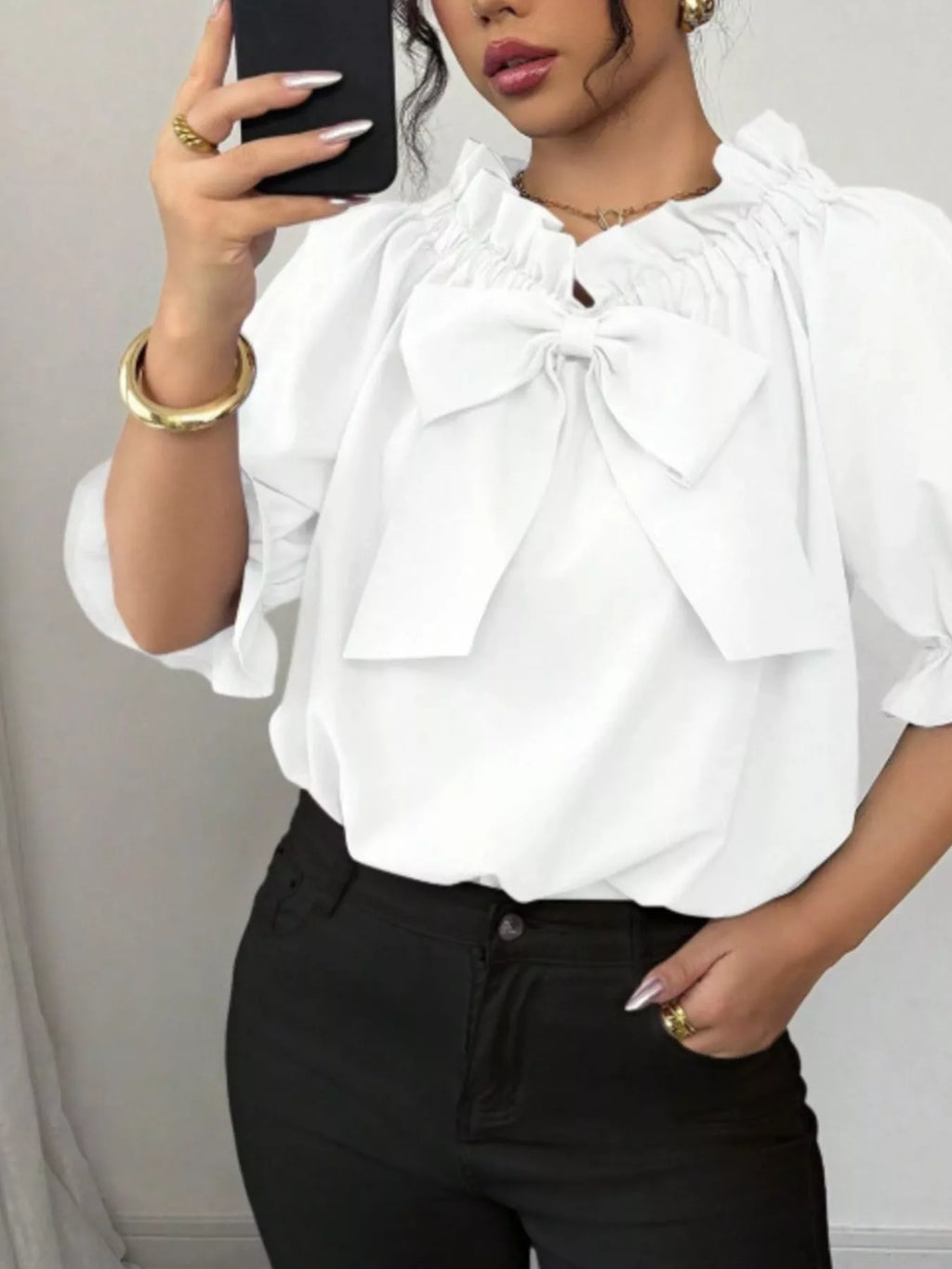 Bow Flounce Sleeve Blouse - Godess beauty 