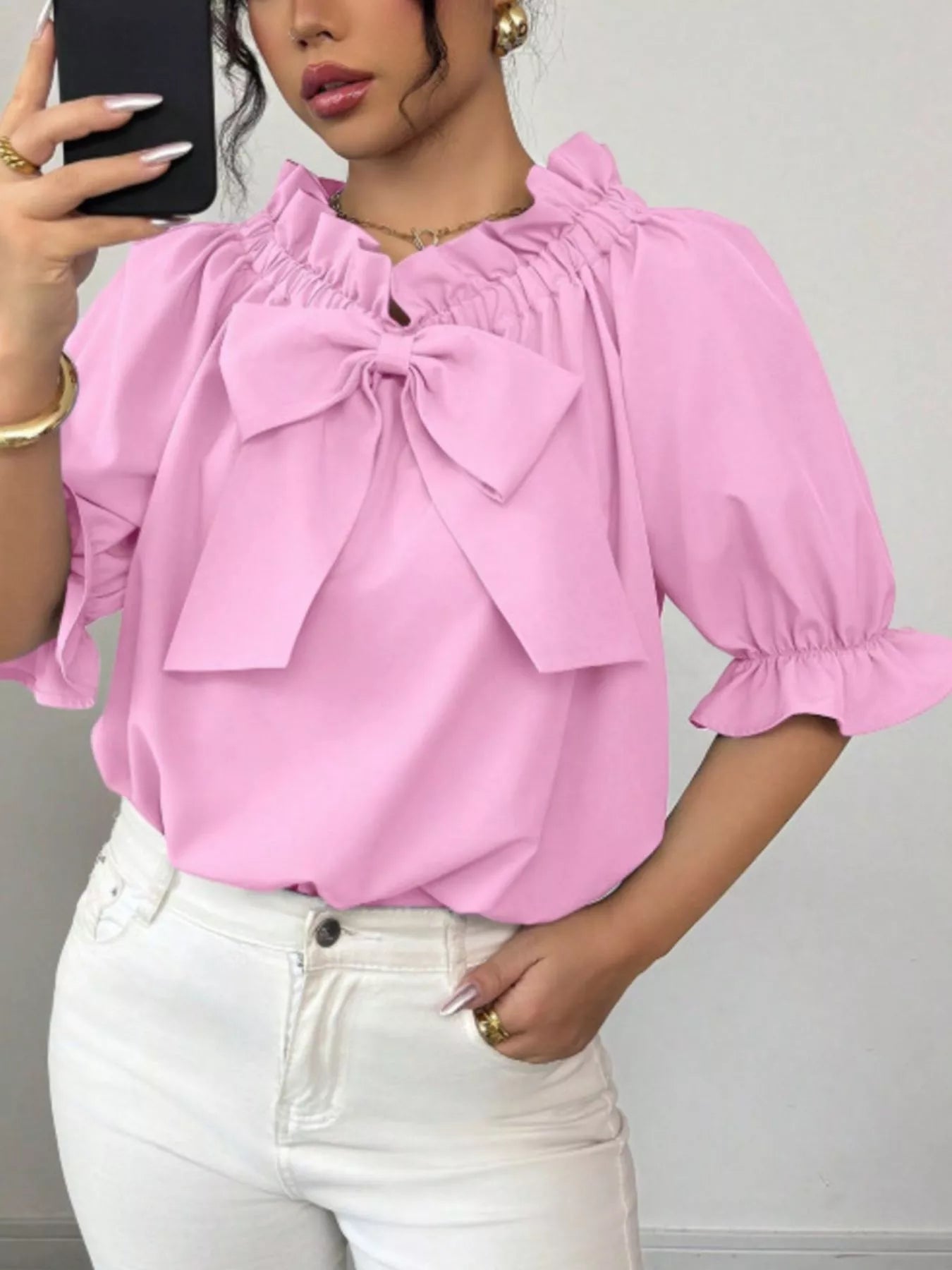 Bow Flounce Sleeve Blouse - Godess beauty 