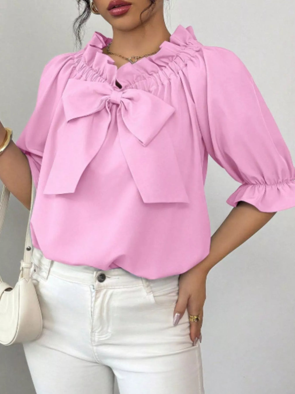 Bow Flounce Sleeve Blouse - Godess beauty 