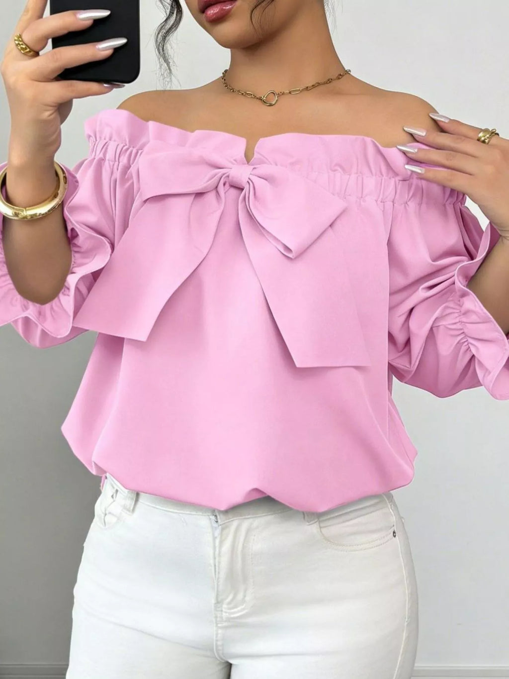 Bow Flounce Sleeve Blouse - Godess beauty 