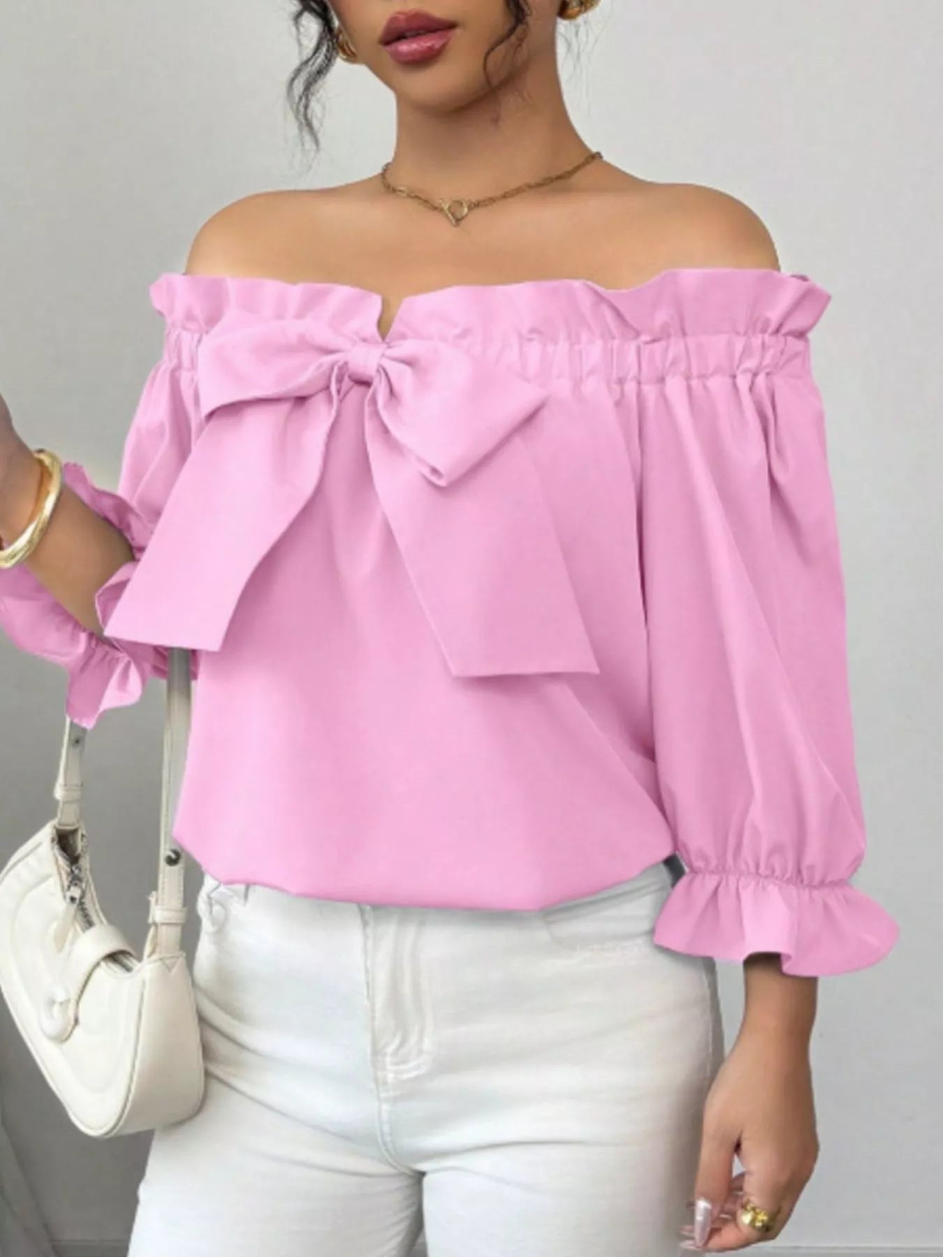Bow Flounce Sleeve Blouse - Godess beauty 