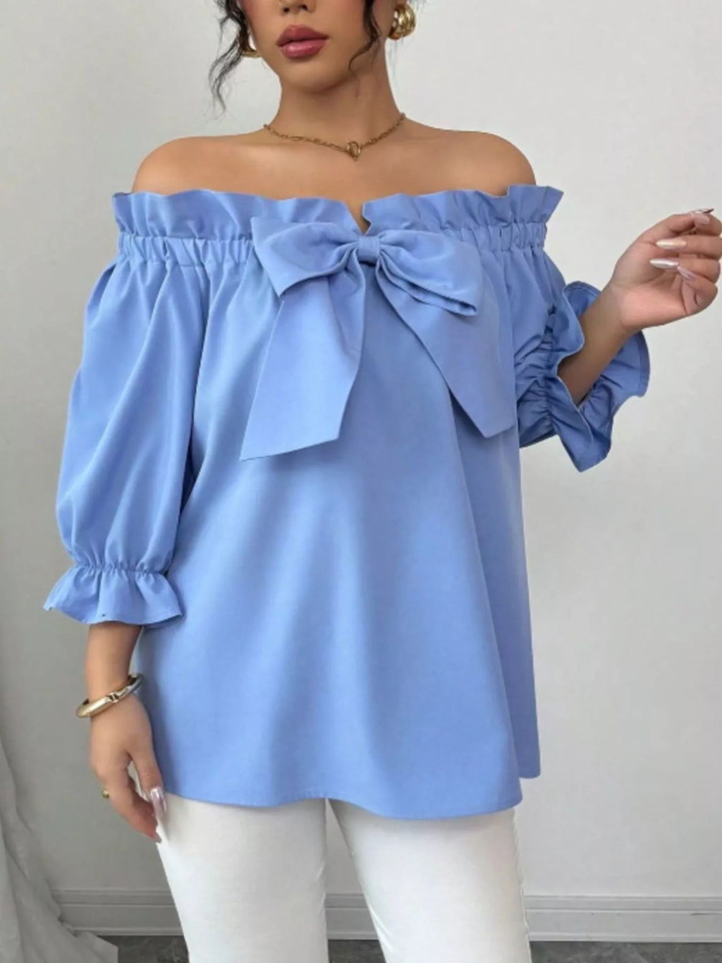 Bow Flounce Sleeve Blouse - Godess beauty 