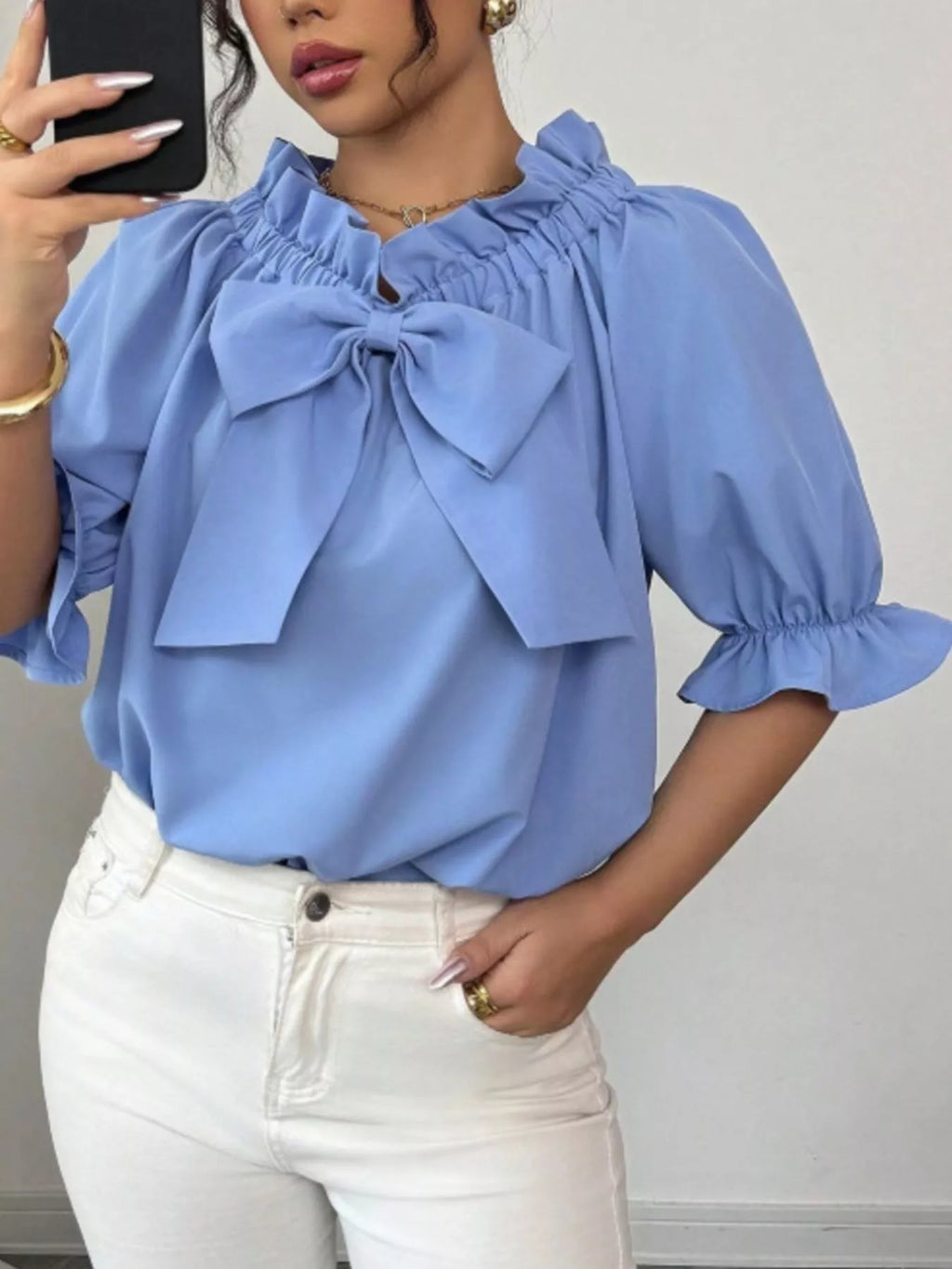 Bow Flounce Sleeve Blouse - Godess beauty 