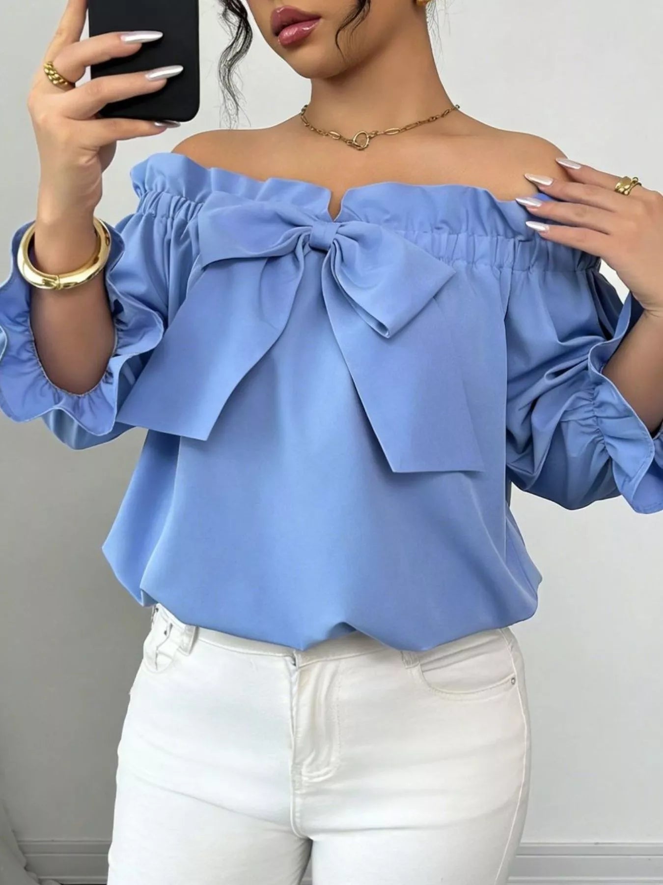 Bow Flounce Sleeve Blouse - Godess beauty 