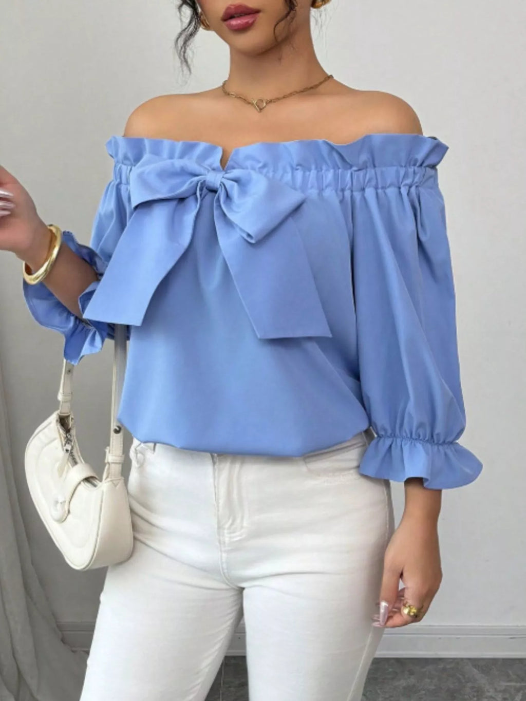 Bow Flounce Sleeve Blouse - Godess beauty 