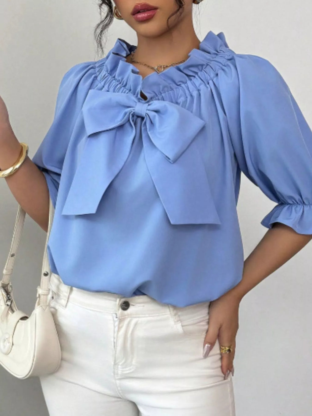Bow Flounce Sleeve Blouse - Godess beauty 