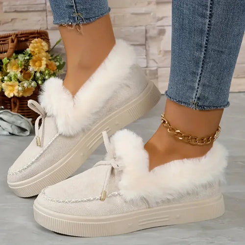 Bow Furry Round Toe Flat Slip-Ons - Godess beauty 