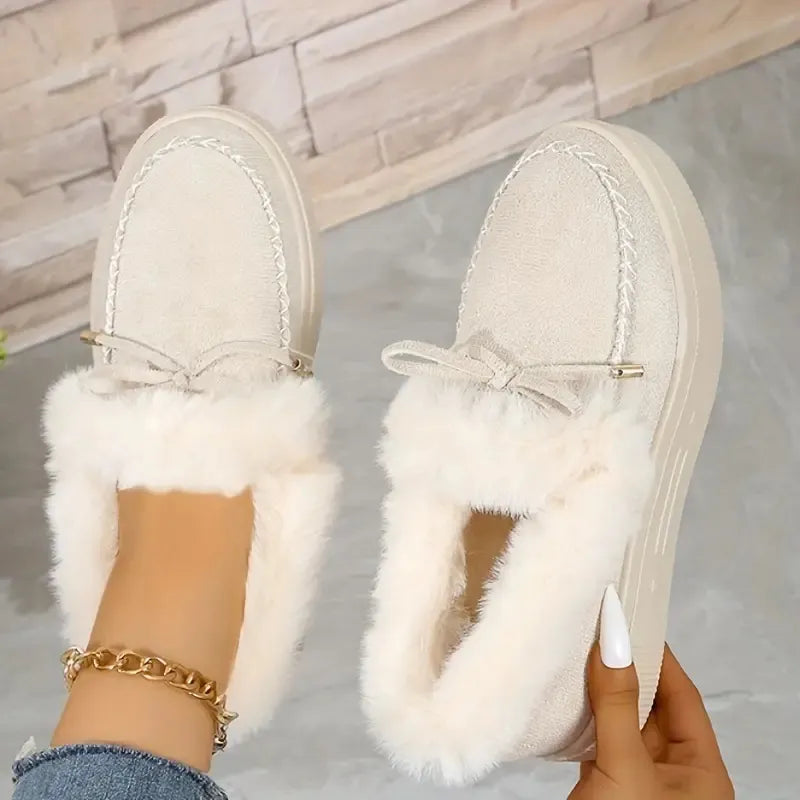 Bow Furry Round Toe Flat Slip-Ons - Godess beauty 