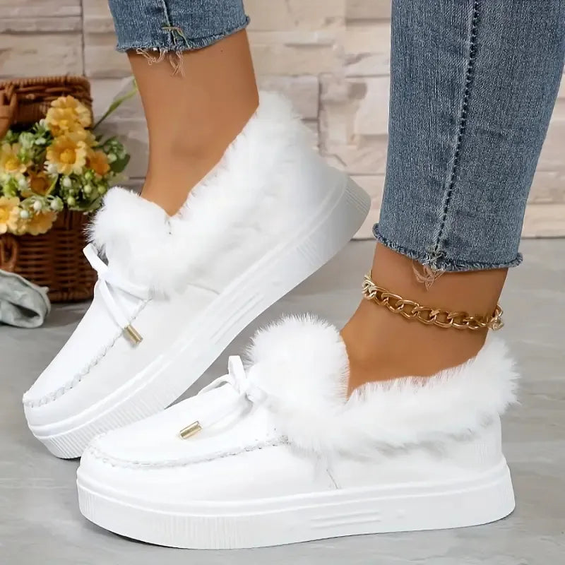 Bow Furry Round Toe Flat Slip-Ons - Godess beauty 