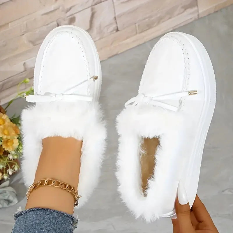 Bow Furry Round Toe Flat Slip-Ons - Godess beauty 