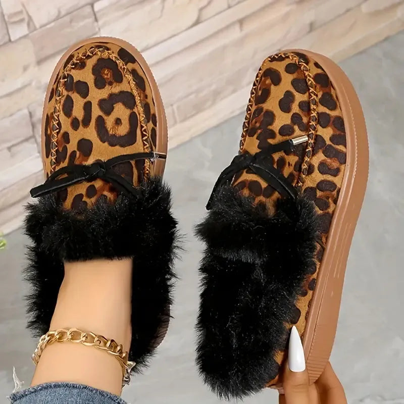 Bow Furry Round Toe Flat Slip-Ons - Godess beauty 