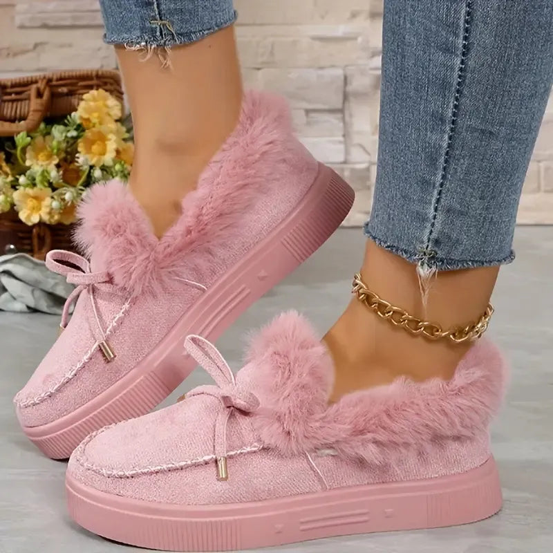 Bow Furry Round Toe Flat Slip-Ons - Godess beauty 