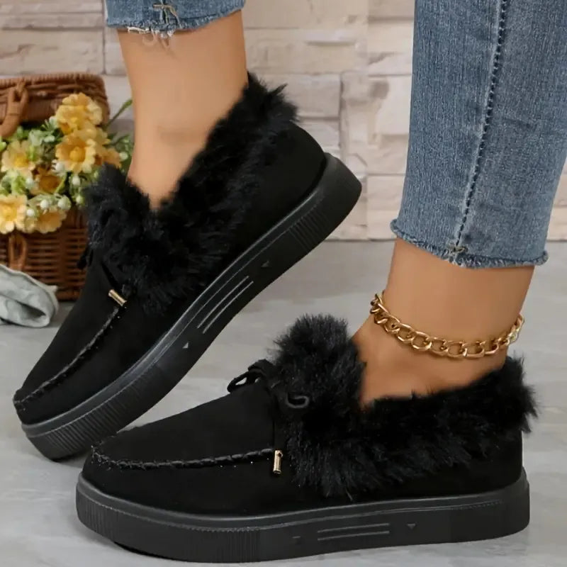 Bow Furry Round Toe Flat Slip-Ons - Godess beauty 