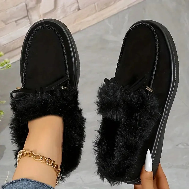 Bow Furry Round Toe Flat Slip-Ons - Godess beauty 